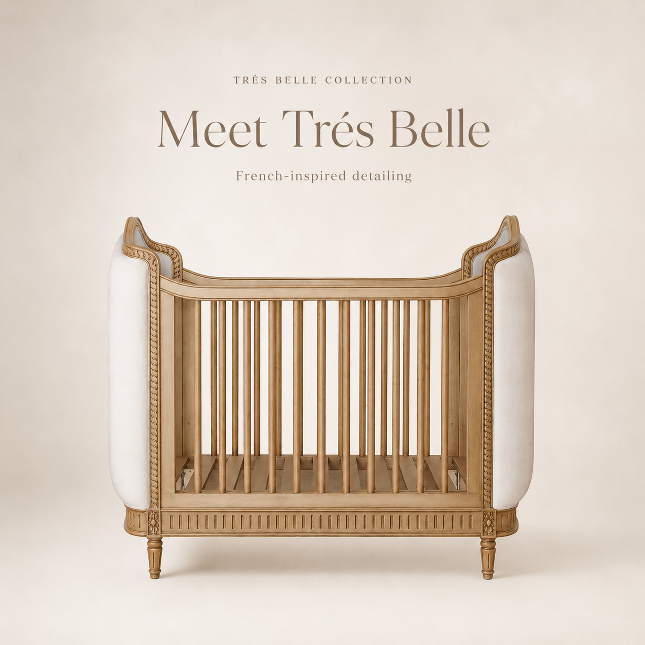 Trés Belle Upholstered Cot Bed with Conversion Kit — Timber Wash & Pearl Velvet