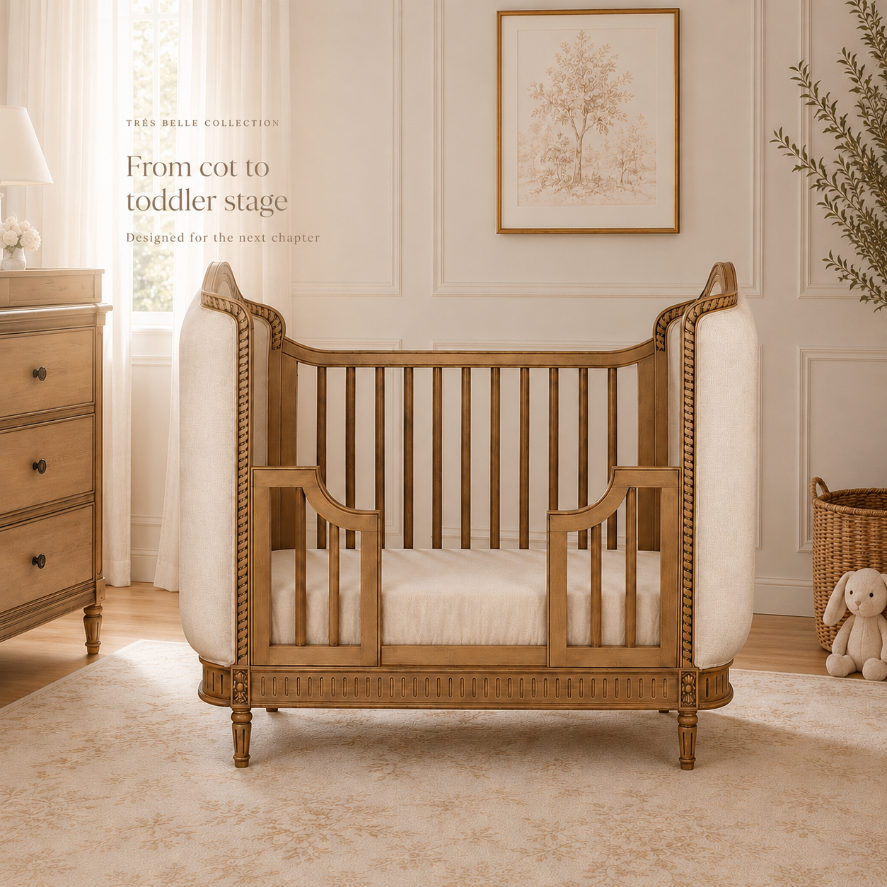 Trés Belle Upholstered Cot Bed with Conversion Kit — Timber Wash & Pearl Velvet
