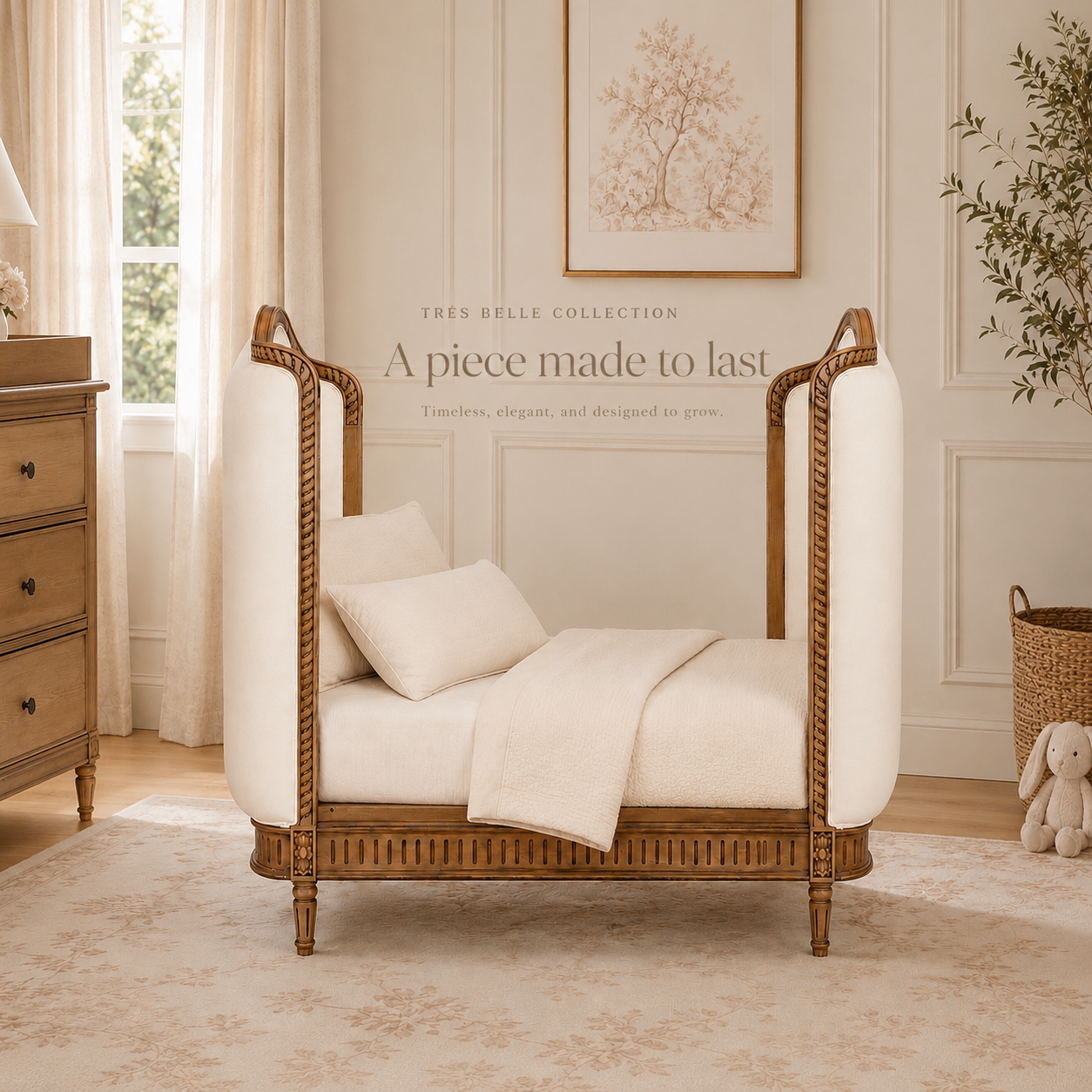 Trés Belle Upholstered Cot Bed with Conversion Kit — Timber Wash & Pearl Velvet