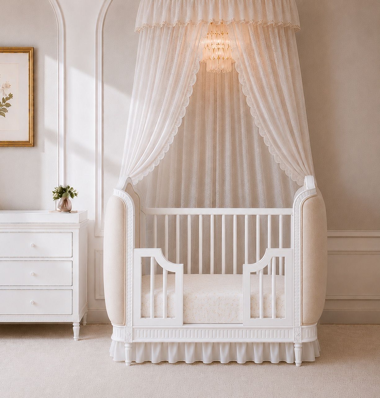 Trés Belle Upholstered Cot Bed — White Wash & Vienna Custard
