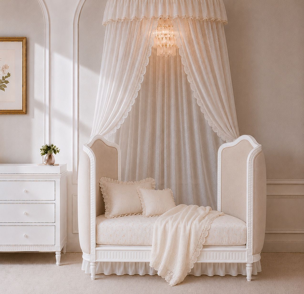 Trés Belle Upholstered Cot Bed — White Wash & Vienna Custard