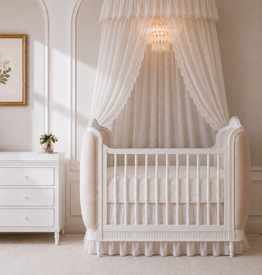 Trés Belle Upholstered Cot Bed — White Wash & Vienna Custard
