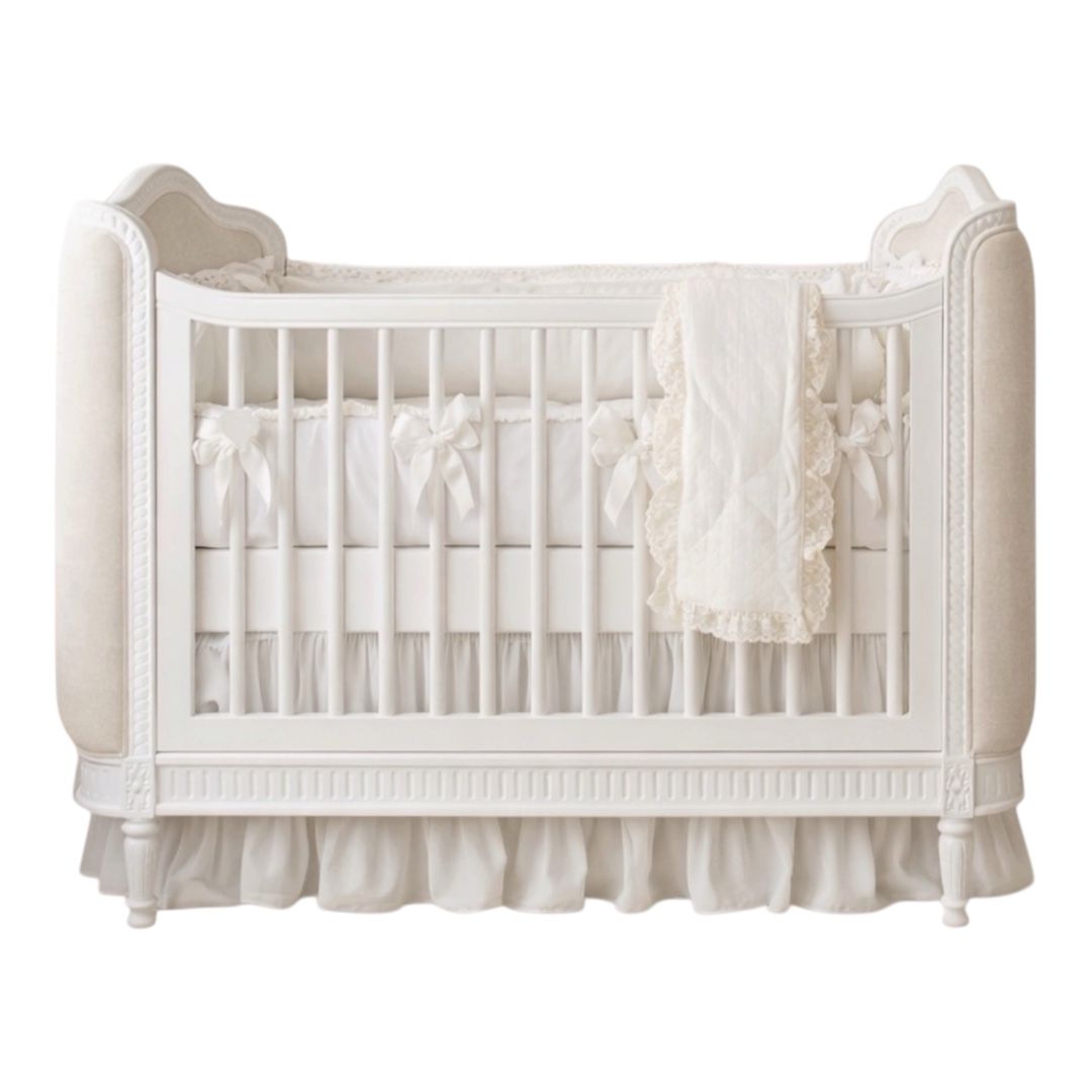 Trés Belle Upholstered Cot Bed — White Wash & Vienna Custard